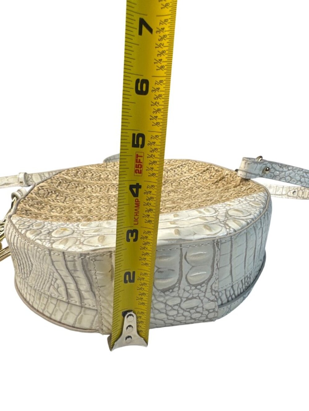 Brahmin Straw & Croc-Embossed Leather Round Crossbody Bag With Adjustable Strap - Picture 7 of 13